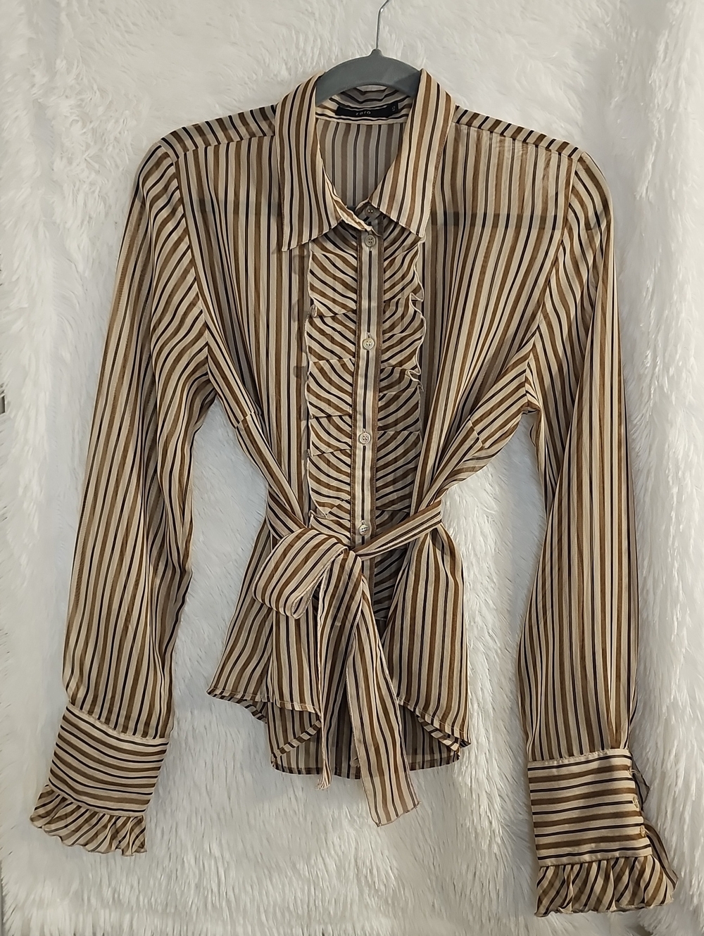 Striped Ruffle Tie-Waist Button-Down Shirt in Beige and Black